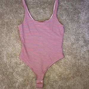 Red and whit striped thong bodysuit